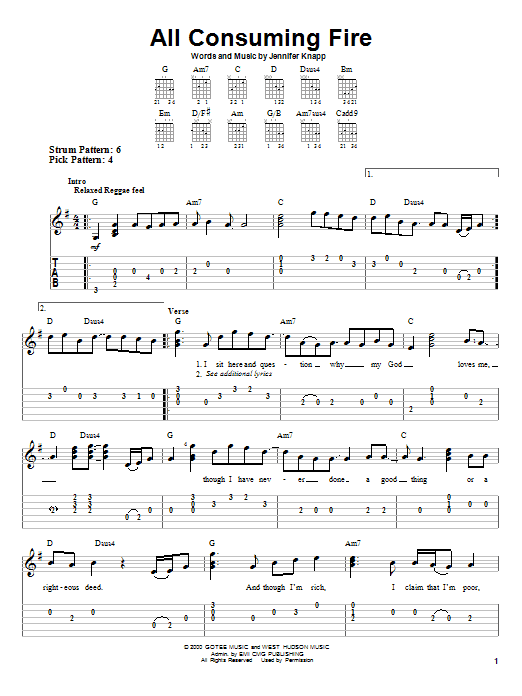 Jennifer Knapp All Consuming Fire Sheet Music Notes & Chords for Easy Guitar Tab - Download or Print PDF