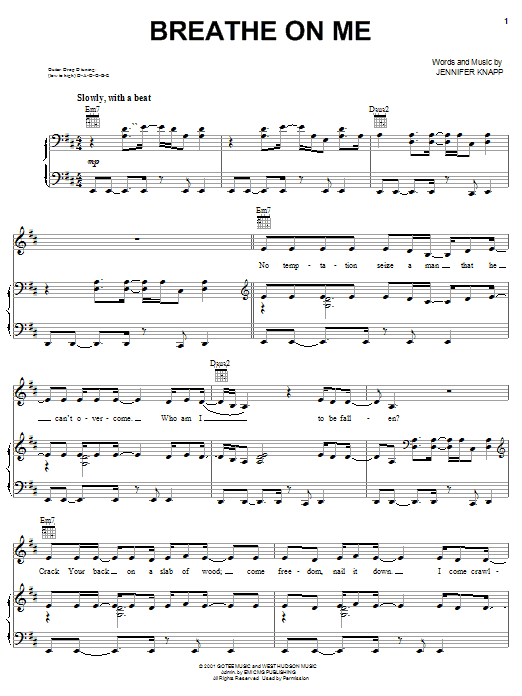 Jennifer Knapp Breathe On Me Sheet Music Notes & Chords for Piano, Vocal & Guitar (Right-Hand Melody) - Download or Print PDF