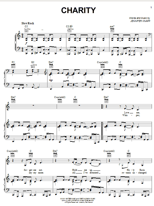 Jennifer Knapp Charity Sheet Music Notes & Chords for Piano, Vocal & Guitar (Right-Hand Melody) - Download or Print PDF Jennifer Knapp Charity Sheet Music Notes & Chords for Piano, Vocal & Guitar (Right-Hand Melody) - Download or Print PDF