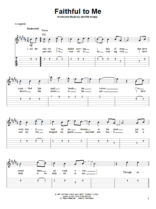 Jennifer Knapp Faithful To Me Sheet Music Notes & Chords for Easy Guitar Tab - Download or Print PDF