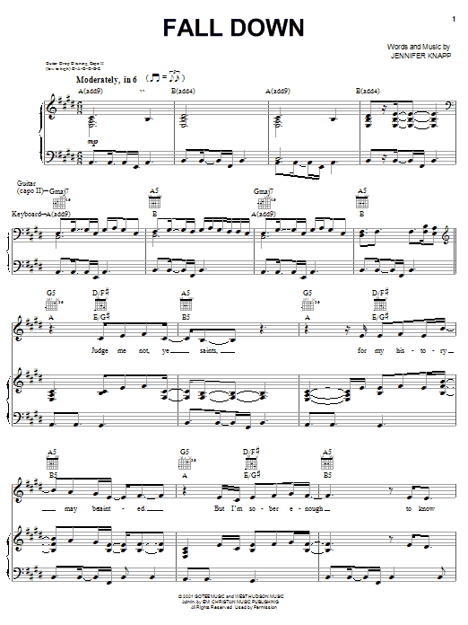Jennifer Knapp Fall Down Sheet Music Notes & Chords for Piano, Vocal & Guitar (Right-Hand Melody) - Download or Print PDF Jennifer Knapp Fall Down Sheet Music Notes & Chords for Piano, Vocal & Guitar (Right-Hand Melody) - Download or Print PDF