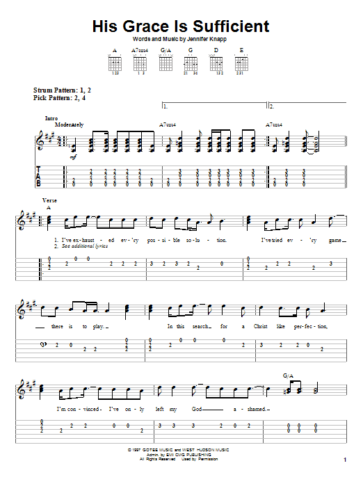 Jennifer Knapp His Grace Is Sufficient Sheet Music Notes & Chords for Easy Guitar Tab - Download or Print PDF