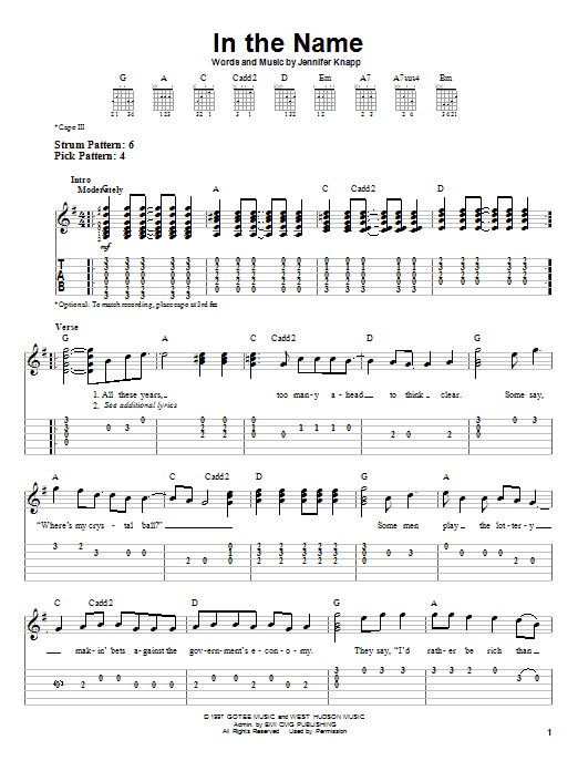 Jennifer Knapp In The Name Sheet Music Notes & Chords for Easy Guitar Tab - Download or Print PDF