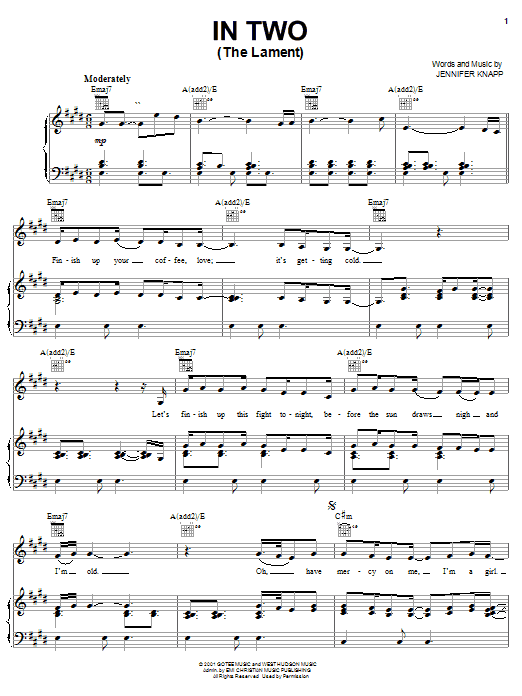 Jennifer Knapp In Two (The Lament) Sheet Music Notes & Chords for Piano, Vocal & Guitar (Right-Hand Melody) - Download or Print PDF Jennifer Knapp In Two (The Lament) Sheet Music Notes & Chords for Piano, Vocal & Guitar (Right-Hand Melody) - Download or Print PDF