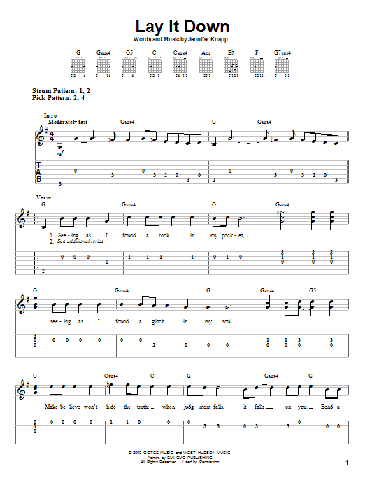 Jennifer Knapp Lay It Down Sheet Music Notes & Chords for Easy Guitar Tab - Download or Print PDF