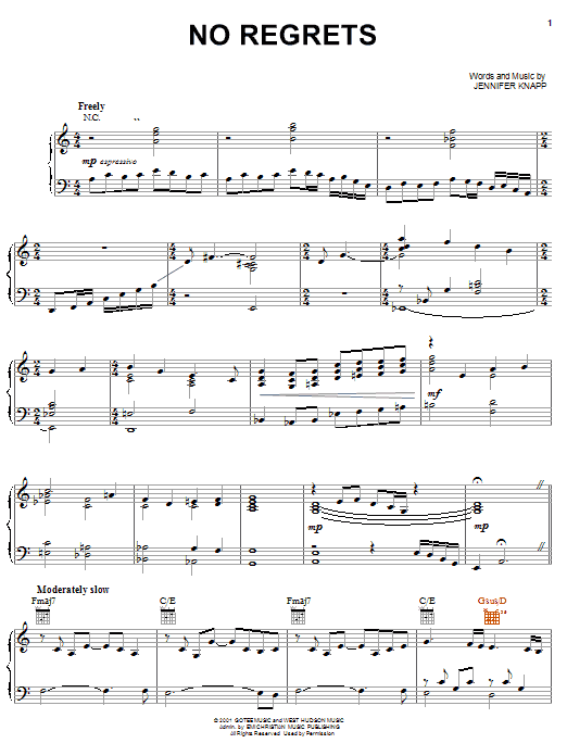 Jennifer Knapp No Regrets Sheet Music Notes & Chords for Piano, Vocal & Guitar (Right-Hand Melody) - Download or Print PDF Jennifer Knapp No Regrets Sheet Music Notes & Chords for Piano, Vocal & Guitar (Right-Hand Melody) - Download or Print PDF