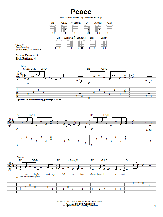 Jennifer Knapp Peace Sheet Music Notes & Chords for Piano, Vocal & Guitar Chords (Right-Hand Melody) - Download or Print PDF