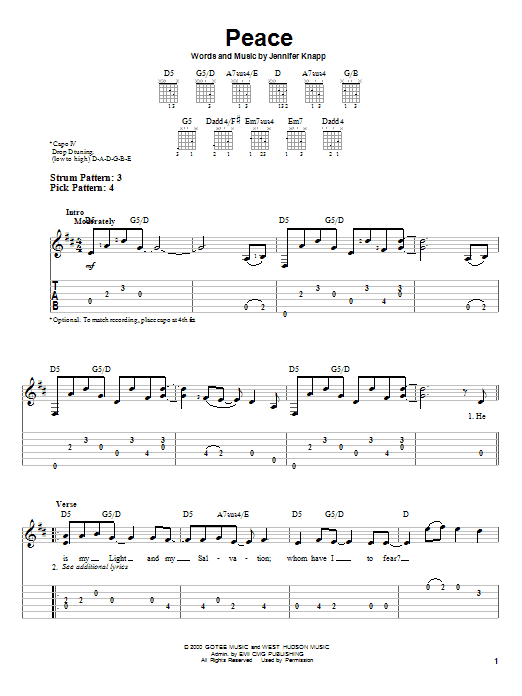 Jennifer Knapp Peace Sheet Music Notes & Chords for Easy Guitar Tab - Download or Print PDF