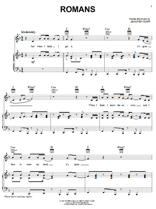 Jennifer Knapp Romans Sheet Music Notes & Chords for Piano, Vocal & Guitar (Right-Hand Melody) - Download or Print PDF Jennifer Knapp Romans Sheet Music Notes & Chords for Piano, Vocal & Guitar (Right-Hand Melody) - Download or Print PDF