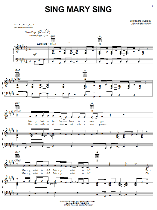 Jennifer Knapp Sing Mary Sing Sheet Music Notes & Chords for Piano, Vocal & Guitar (Right-Hand Melody) - Download or Print PDF Jennifer Knapp Sing Mary Sing Sheet Music Notes & Chords for Piano, Vocal & Guitar (Right-Hand Melody) - Download or Print PDF