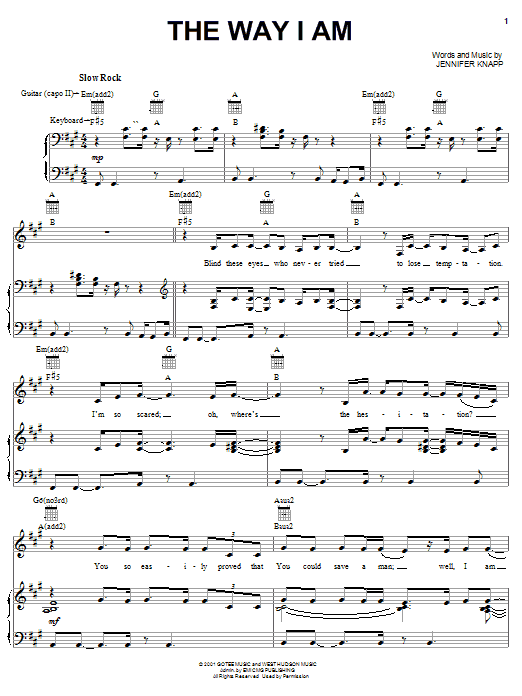 Jennifer Knapp The Way I Am Sheet Music Notes & Chords for Piano, Vocal & Guitar (Right-Hand Melody) - Download or Print PDF Jennifer Knapp The Way I Am Sheet Music Notes & Chords for Piano, Vocal & Guitar (Right-Hand Melody) - Download or Print PDF
