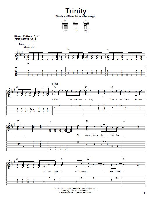 Jennifer Knapp Trinity Sheet Music Notes & Chords for Easy Guitar Tab - Download or Print PDF