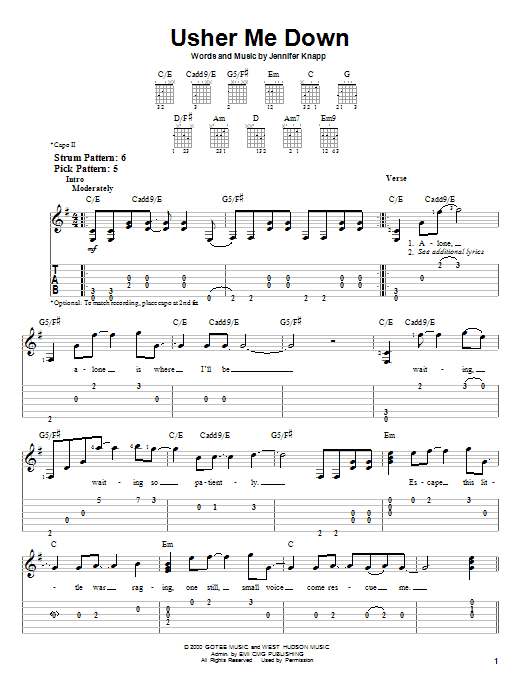 Jennifer Knapp Usher Me Down Sheet Music Notes & Chords for Piano, Vocal & Guitar Chords (Right-Hand Melody) - Download or Print PDF Jennifer Knapp Usher Me Down Sheet Music Notes & Chords for Piano, Vocal & Guitar Chords (Right-Hand Melody) - Download or Print PDF