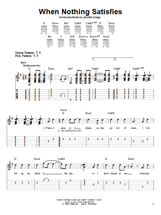 Jennifer Knapp When Nothing Satisfies Sheet Music Notes & Chords for Piano, Vocal & Guitar Chords (Right-Hand Melody) - Download or Print PDF Jennifer Knapp When Nothing Satisfies Sheet Music Notes & Chords for Piano, Vocal & Guitar Chords (Right-Hand Melody) - Download or Print PDF