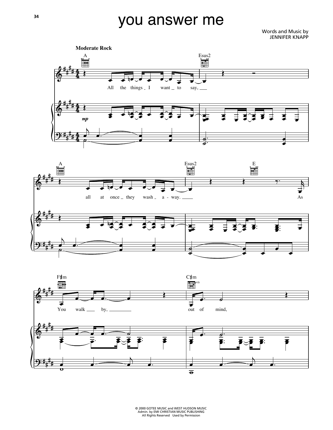 Jennifer Knapp You Answer Me Sheet Music Notes & Chords for Piano, Vocal & Guitar Chords (Right-Hand Melody) - Download or Print PDF
