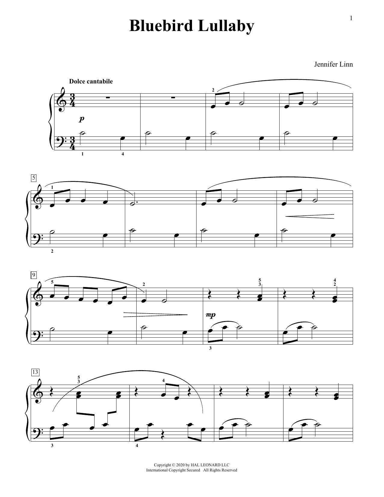Jennifer Linn Bluebird Lullaby Sheet Music Notes & Chords for Educational Piano - Download or Print PDF