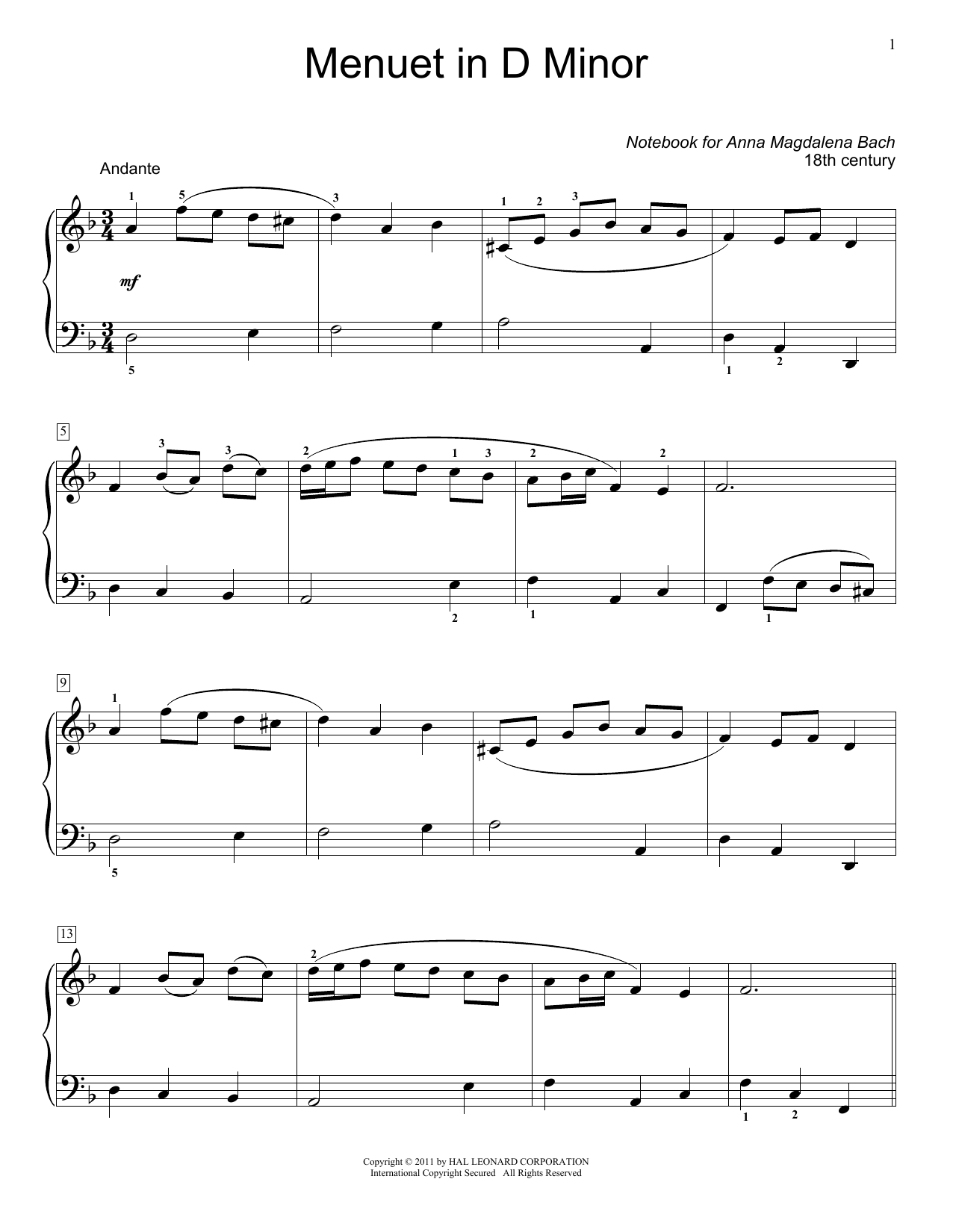 Jennifer Linn Menuet In D Minor, BWV App. 132 Sheet Music Notes & Chords for Educational Piano - Download or Print PDF