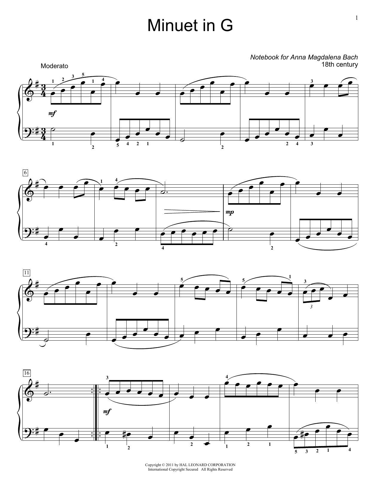 Jennifer Linn Menuet In G Major, BWV App. 116 Sheet Music Notes & Chords for Educational Piano - Download or Print PDF
