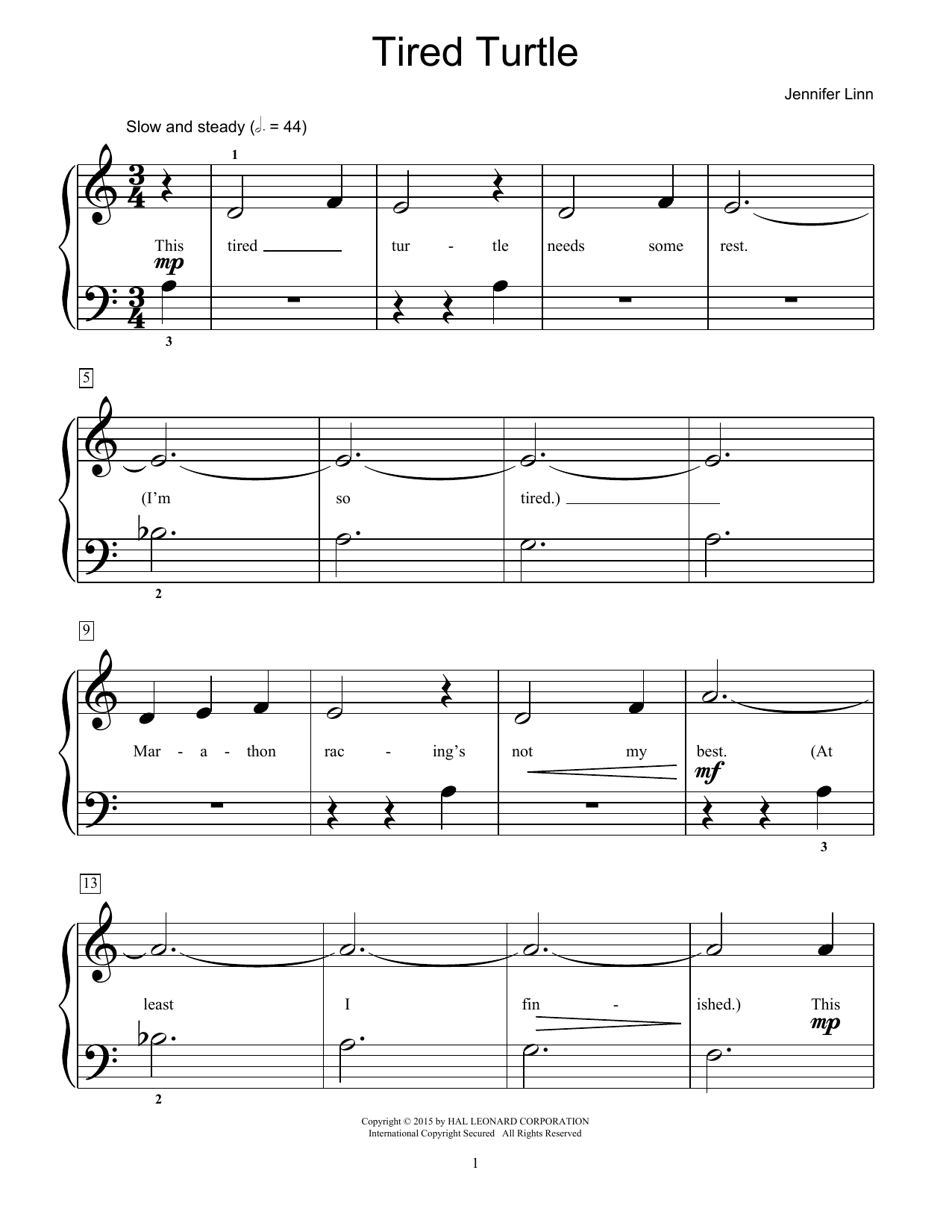 Jennifer Linn Tired Turtle Sheet Music Notes & Chords for Educational Piano - Download or Print PDF