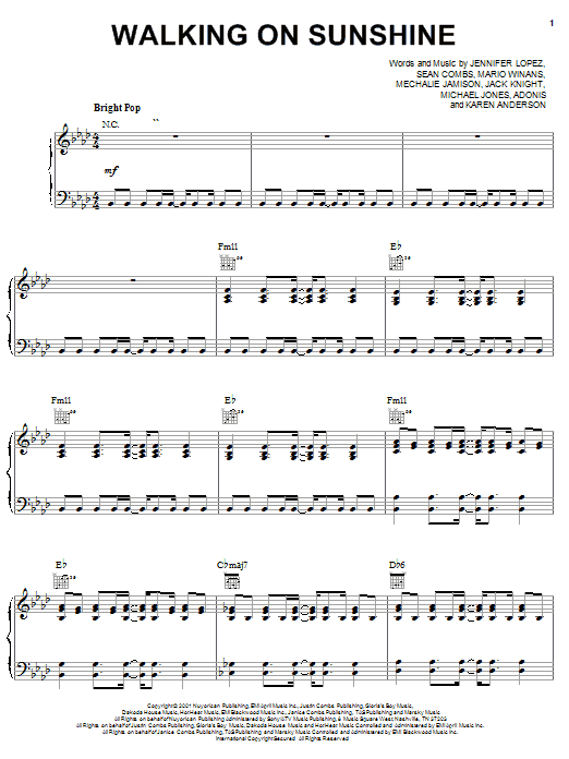 Jennifer Lopez Walking On Sunshine Sheet Music Notes & Chords for Piano, Vocal & Guitar (Right-Hand Melody) - Download or Print PDF