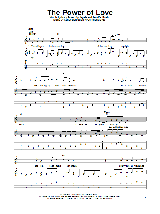 Jennifer Rush The Power Of Love Sheet Music Notes & Chords for Guitar Tab - Download or Print PDF