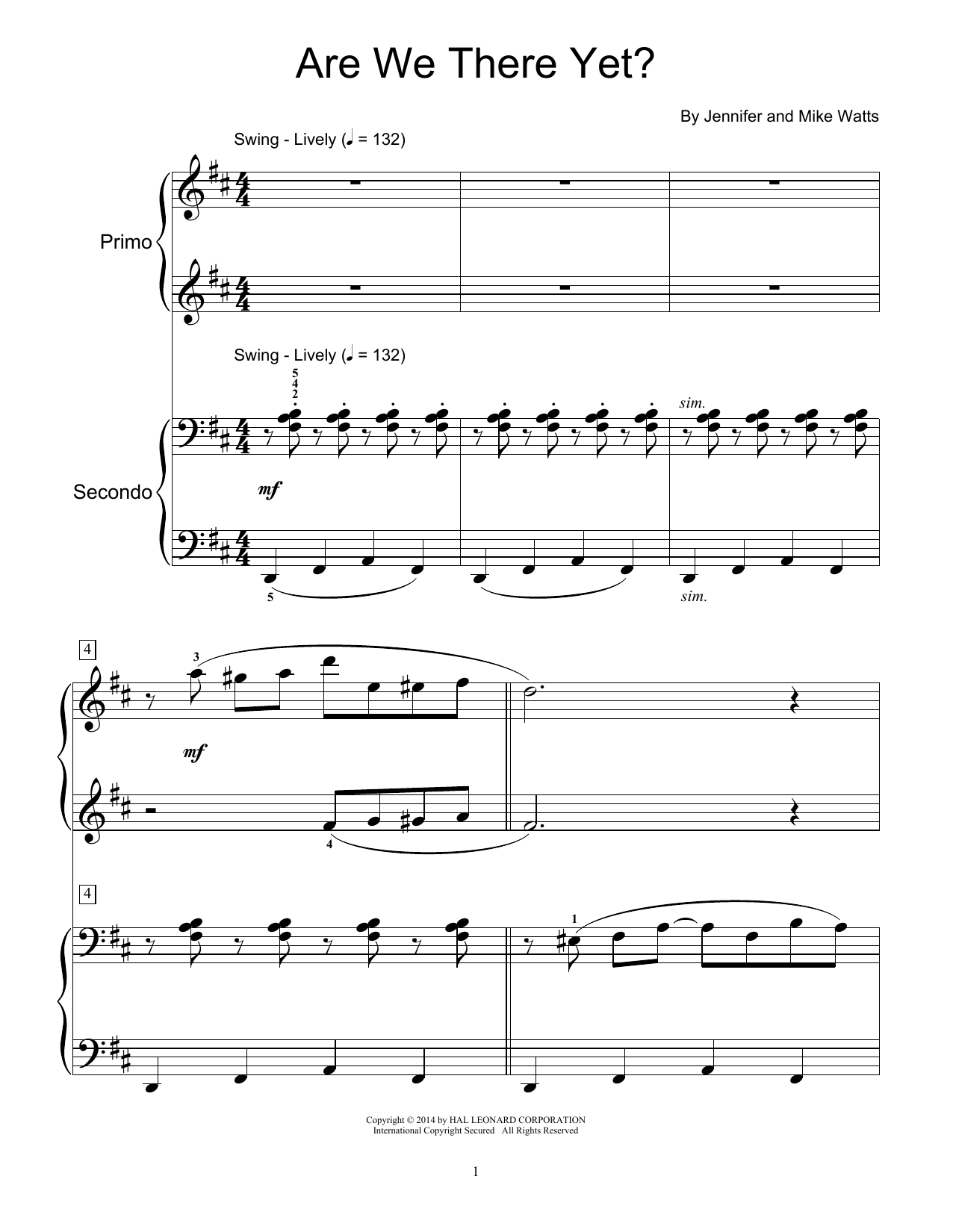 Jennifer Watts Are We There Yet? Sheet Music Notes & Chords for Piano Duet - Download or Print PDF