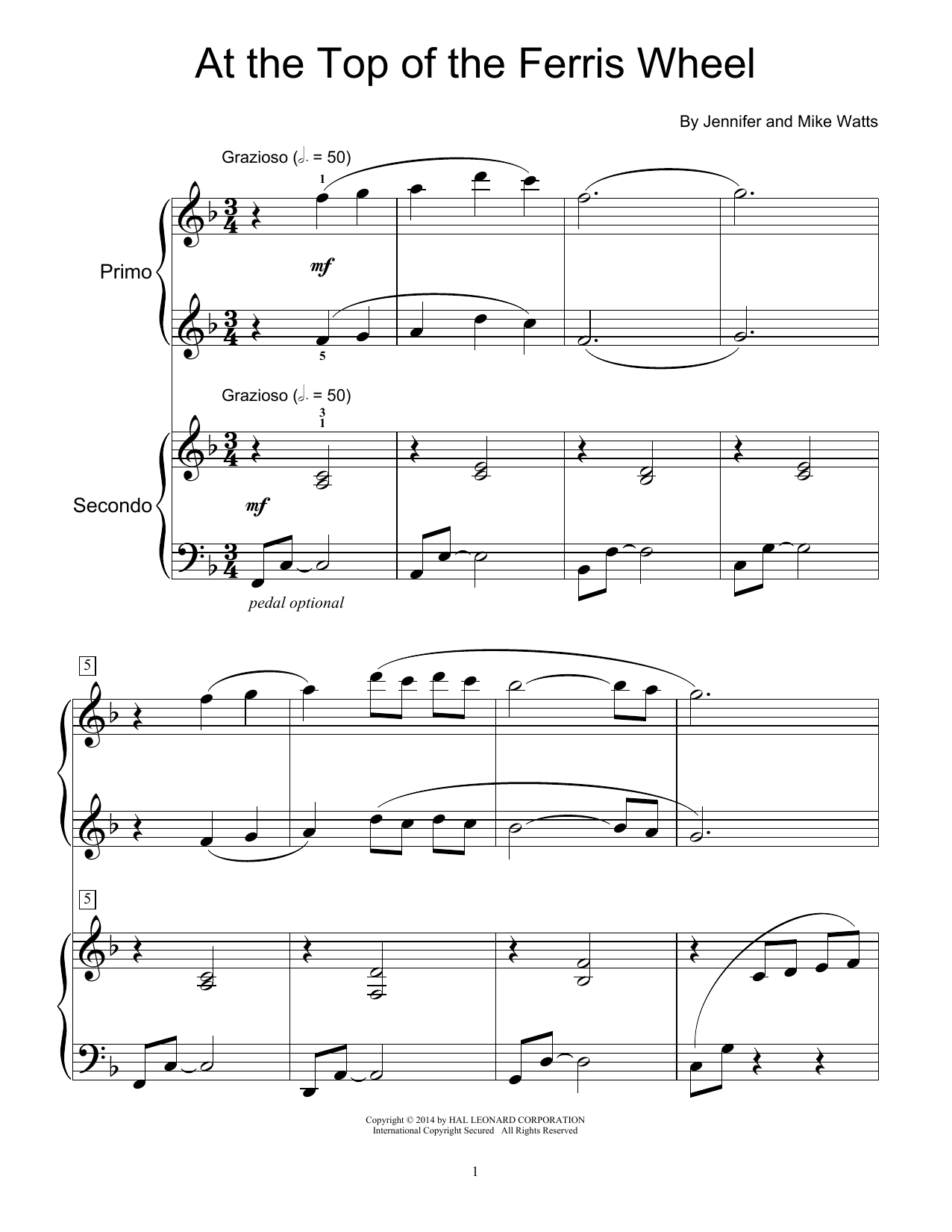 Jennifer Watts At The Top Of The Ferris Wheel Sheet Music Notes & Chords for Piano Duet - Download or Print PDF