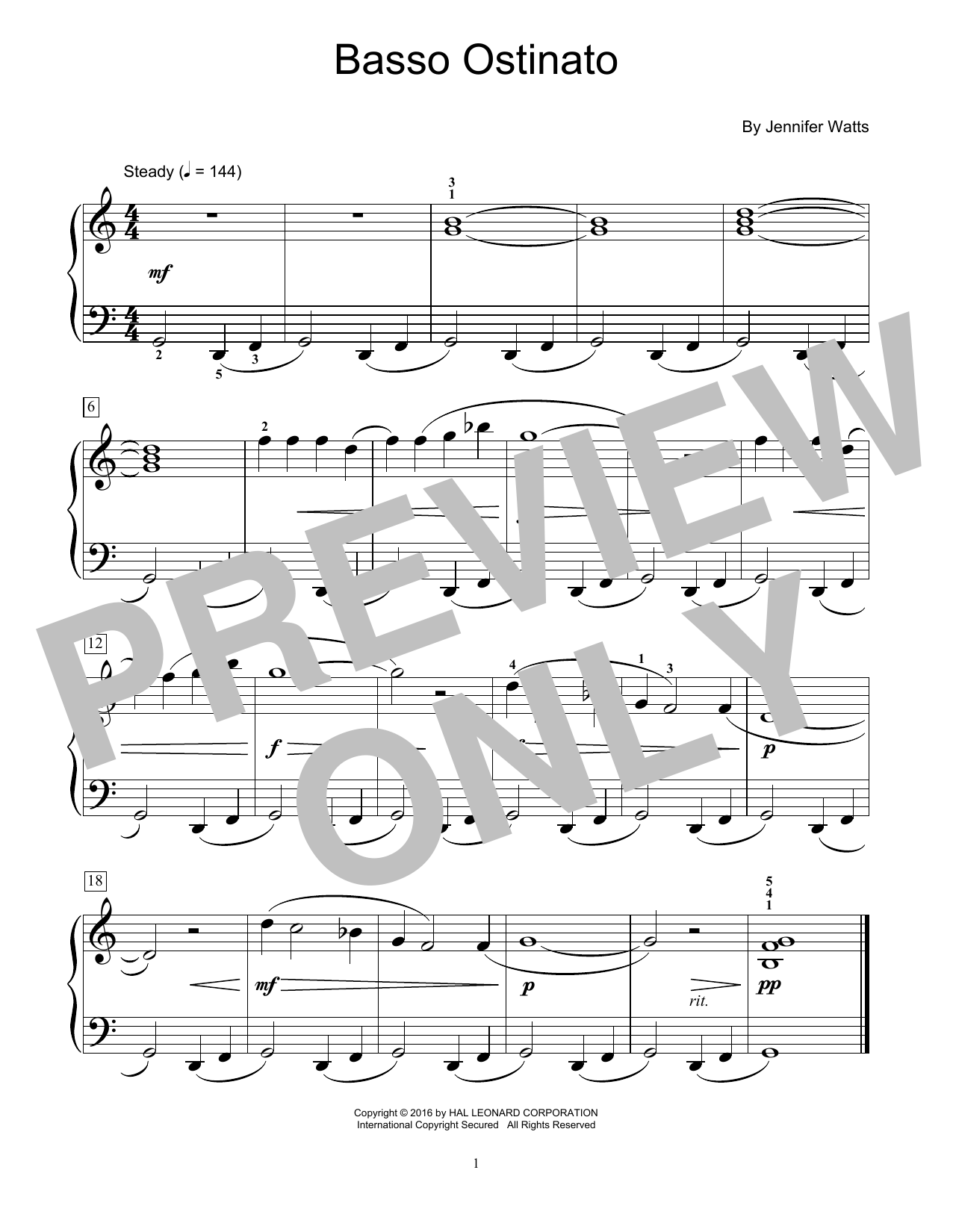 Jennifer Watts Basso Ostinato Sheet Music Notes & Chords for Educational Piano - Download or Print PDF