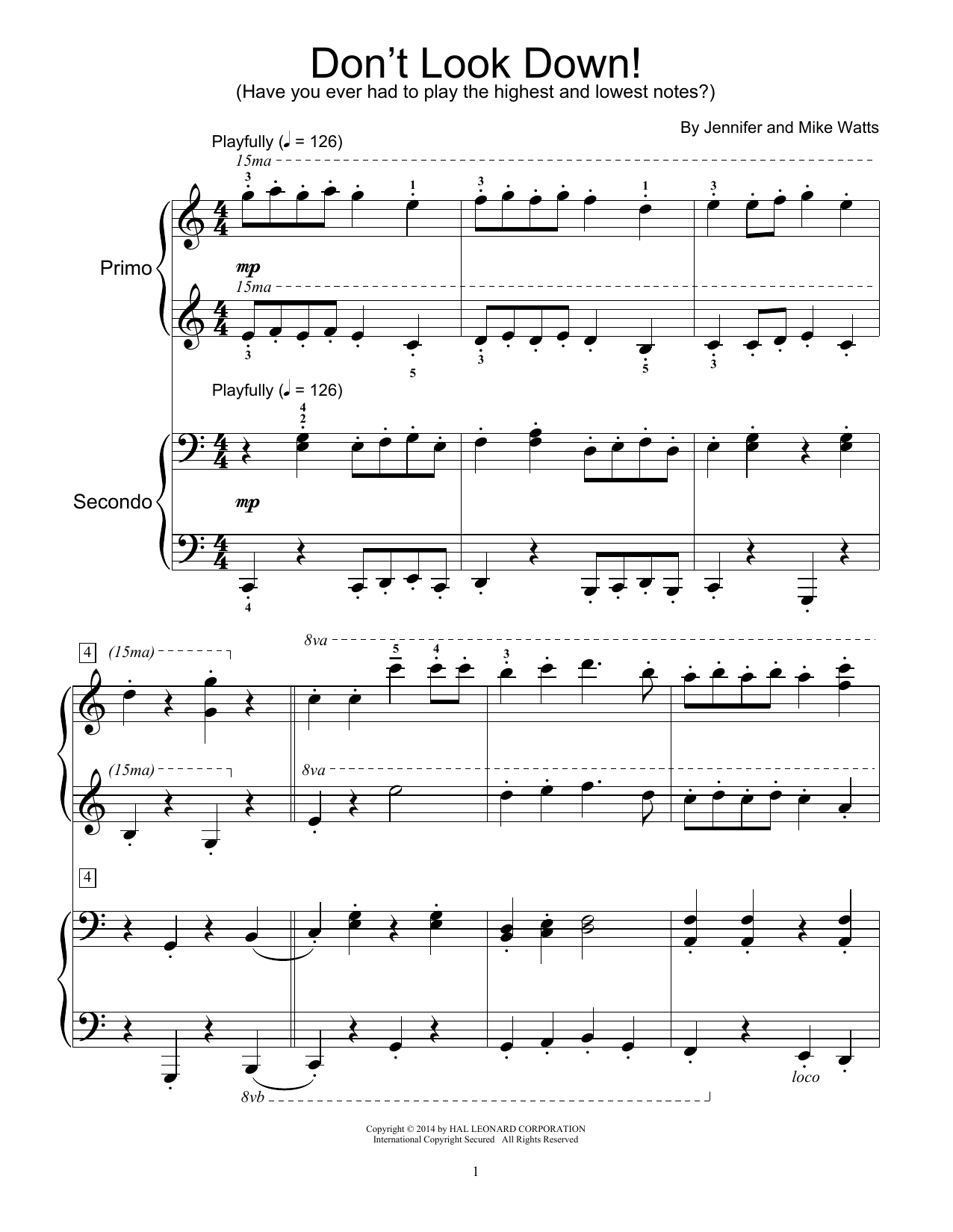 Jennifer Watts Don't Look Down! Sheet Music Notes & Chords for Piano Duet - Download or Print PDF