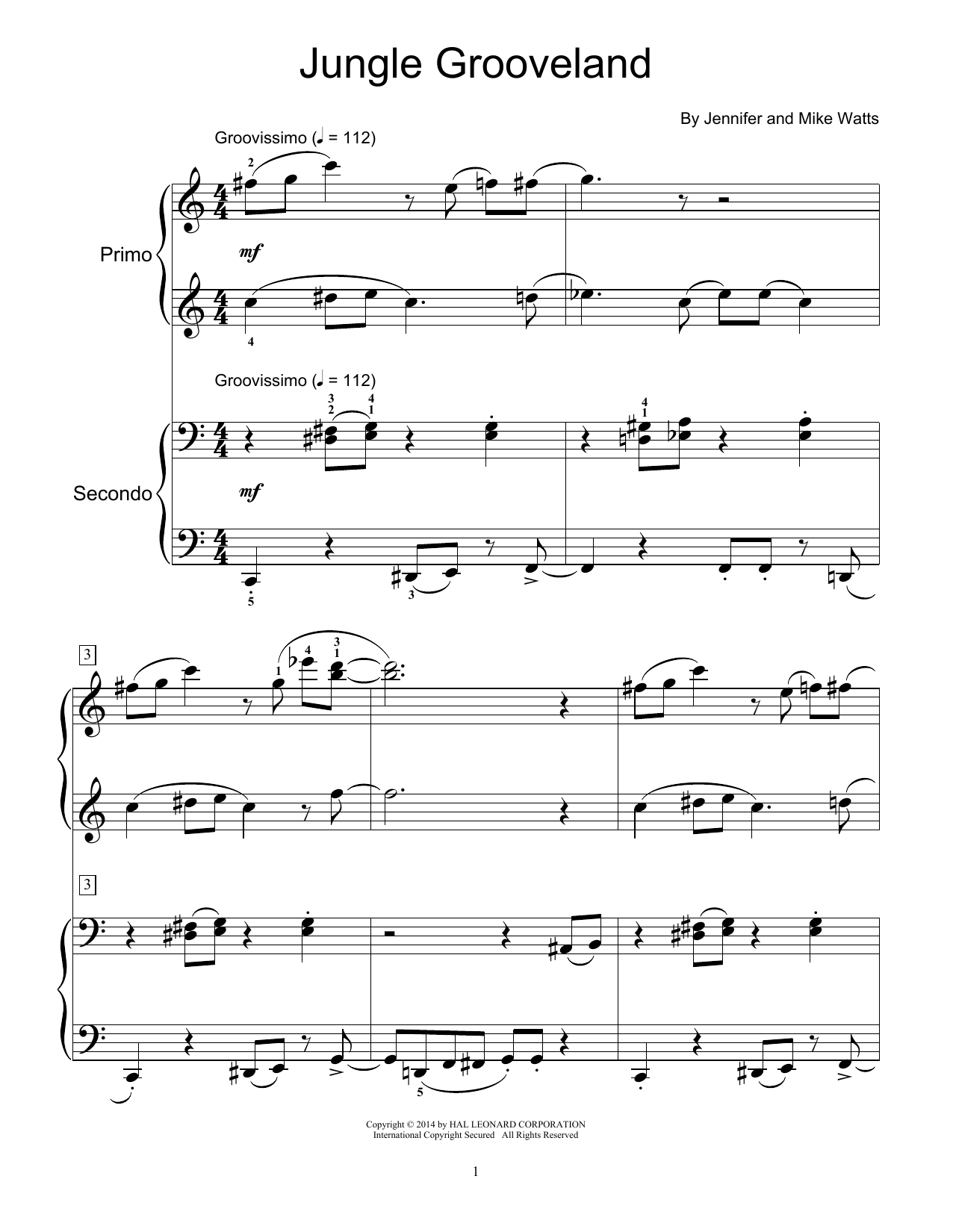 Jennifer Watts Jungle Grooveland Sheet Music Notes & Chords for Piano Duet - Download or Print PDF
