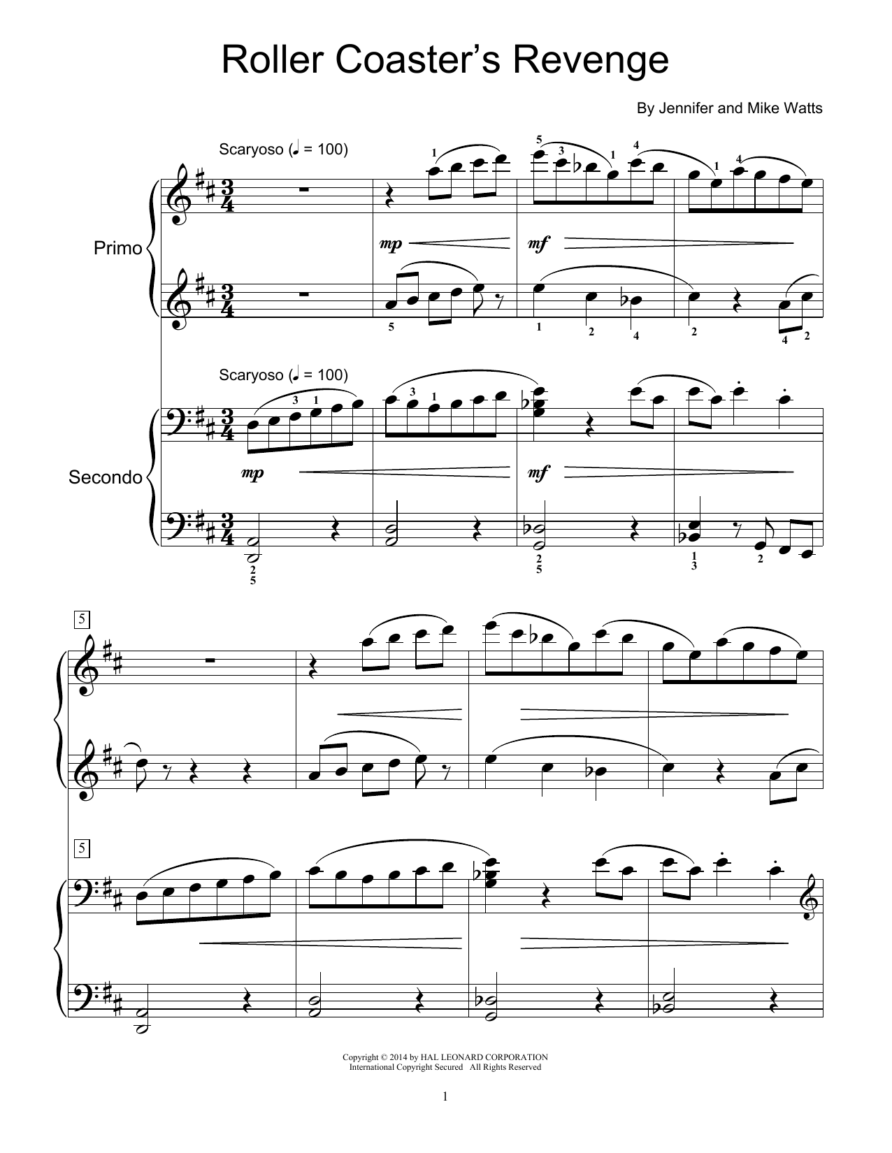 Jennifer Watts Roller Coaster's Revenge Sheet Music Notes & Chords for Piano Duet - Download or Print PDF