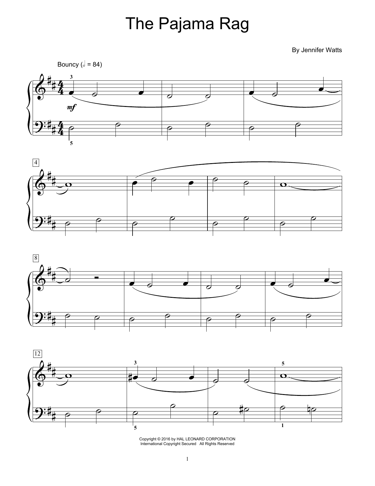Jennifer Watts The Pajama Rag Sheet Music Notes & Chords for Educational Piano - Download or Print PDF