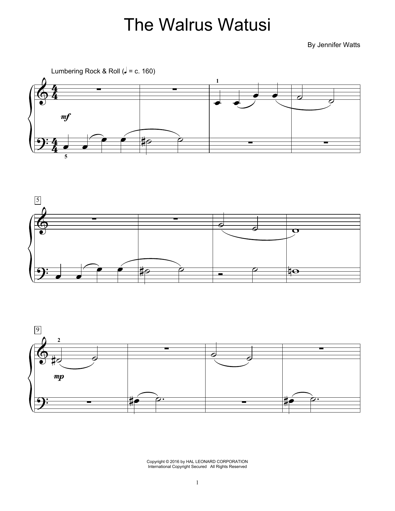 Jennifer Watts The Walrus Watusi Sheet Music Notes & Chords for Educational Piano - Download or Print PDF