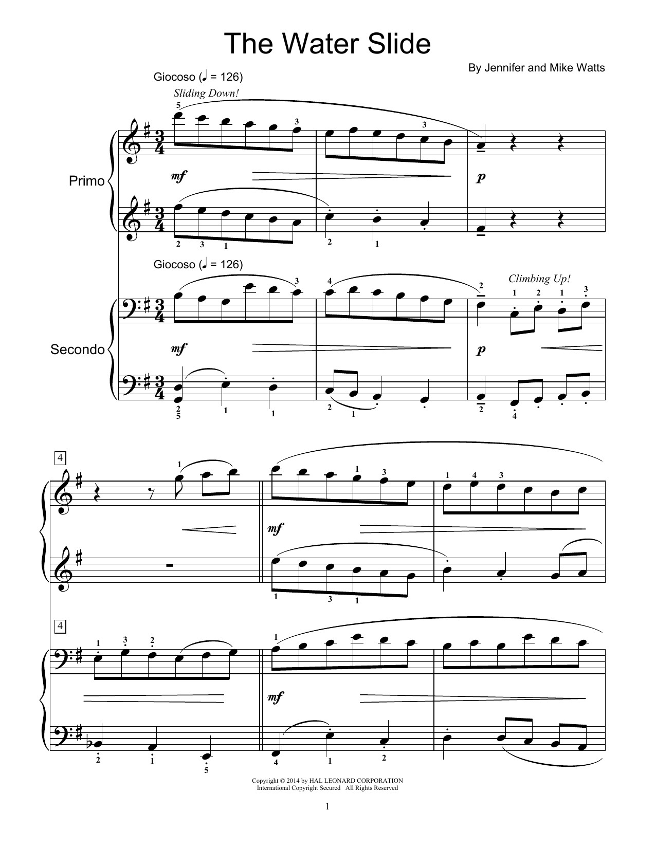 Jennifer Watts The Water Slide Sheet Music Notes & Chords for Piano Duet - Download or Print PDF