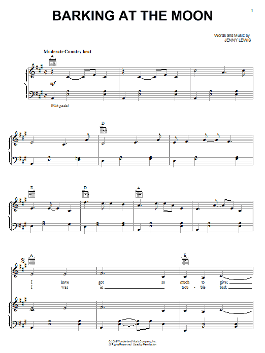 Jenny Lewis Barking At The Moon Sheet Music Notes & Chords for Piano, Vocal & Guitar (Right-Hand Melody) - Download or Print PDF