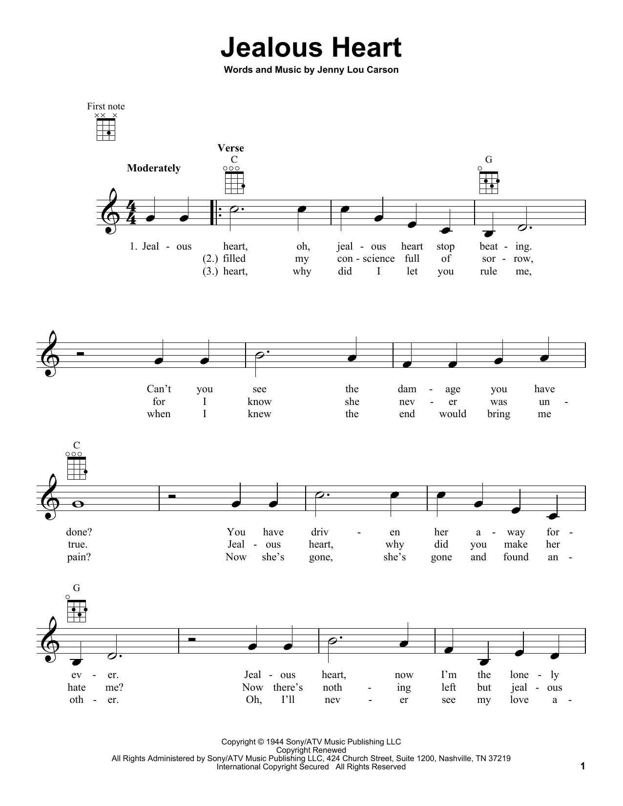 Jenny Lou Carson Jealous Heart Sheet Music Notes & Chords for Melody Line, Lyrics & Chords - Download or Print PDF