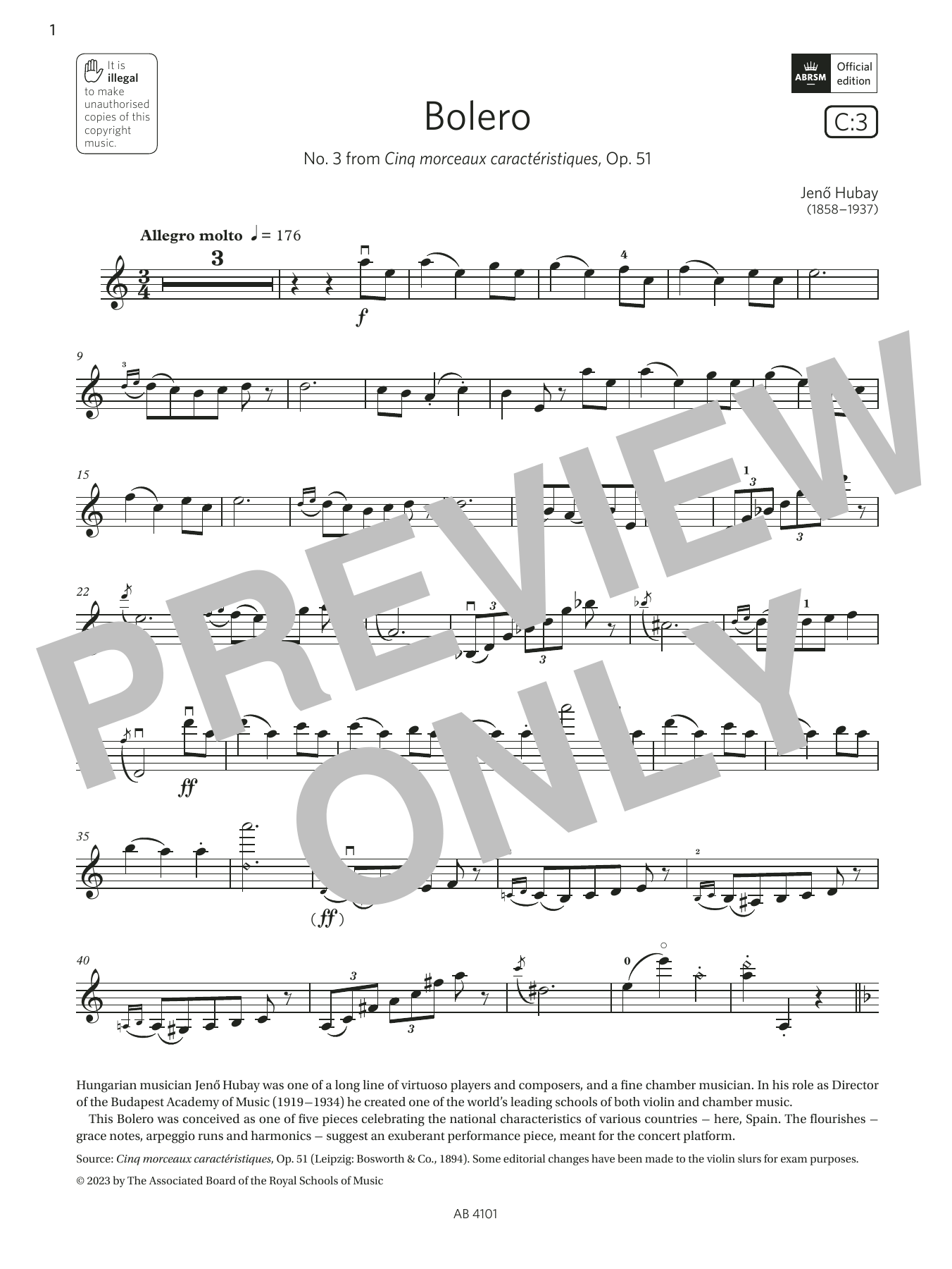 Jenő Hubay Bolero (Grade 7, C3, from the ABRSM Violin Syllabus from 2024) Sheet Music Notes & Chords for Violin Solo - Download or Print PDF
