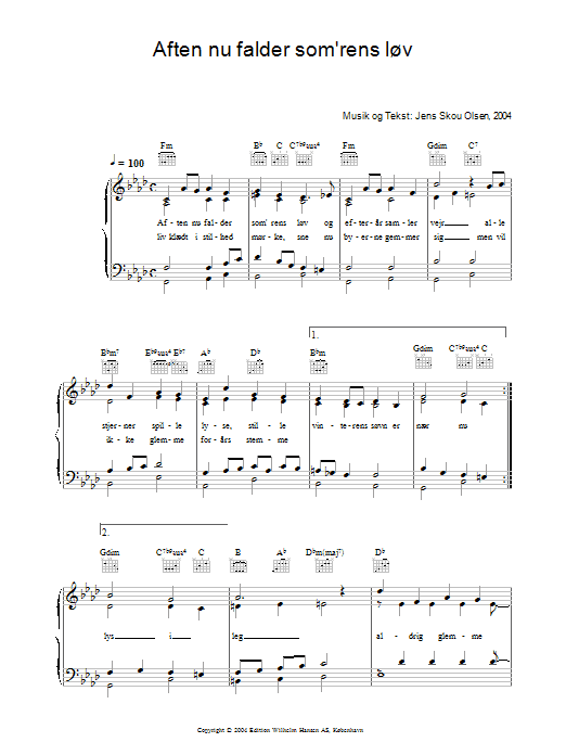 Jens Skou Olsen Aften Nu Falder Som'rens Løv Sheet Music Notes & Chords for Piano, Vocal & Guitar (Right-Hand Melody) - Download or Print PDF