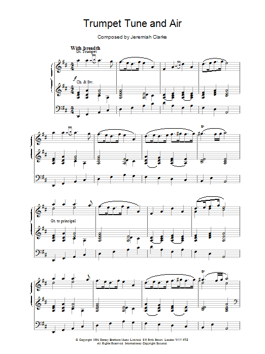 Jeremiah Clarke Trumpet Tune And Air Sheet Music Notes & Chords for Organ - Download or Print PDF