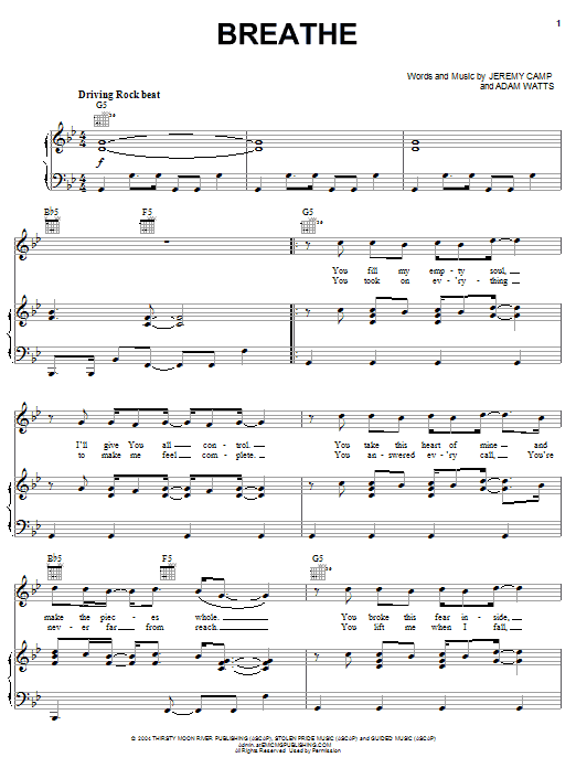 Jeremy Camp Breathe Sheet Music Notes & Chords for Piano, Vocal & Guitar (Right-Hand Melody) - Download or Print PDF
