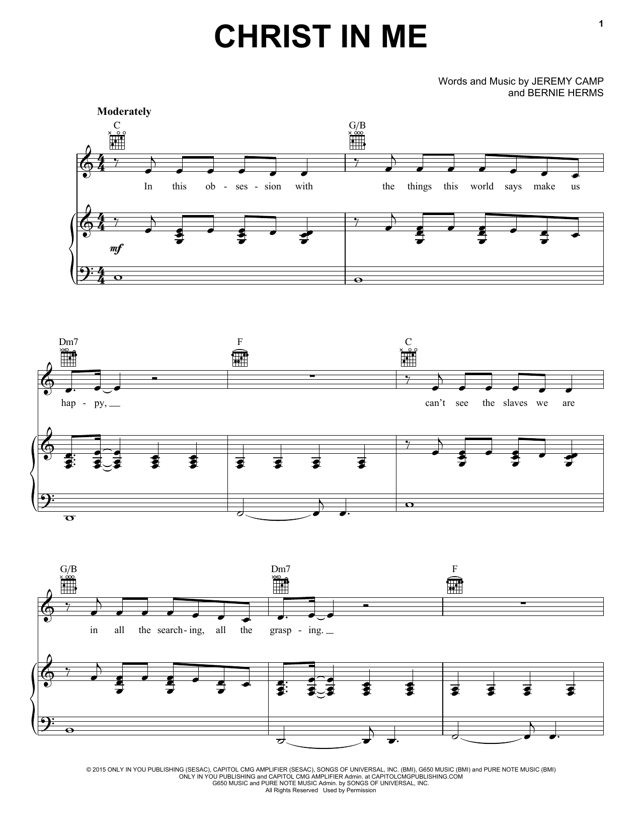 Jeremy Camp Christ In Me Sheet Music Notes & Chords for Piano, Vocal & Guitar (Right-Hand Melody) - Download or Print PDF