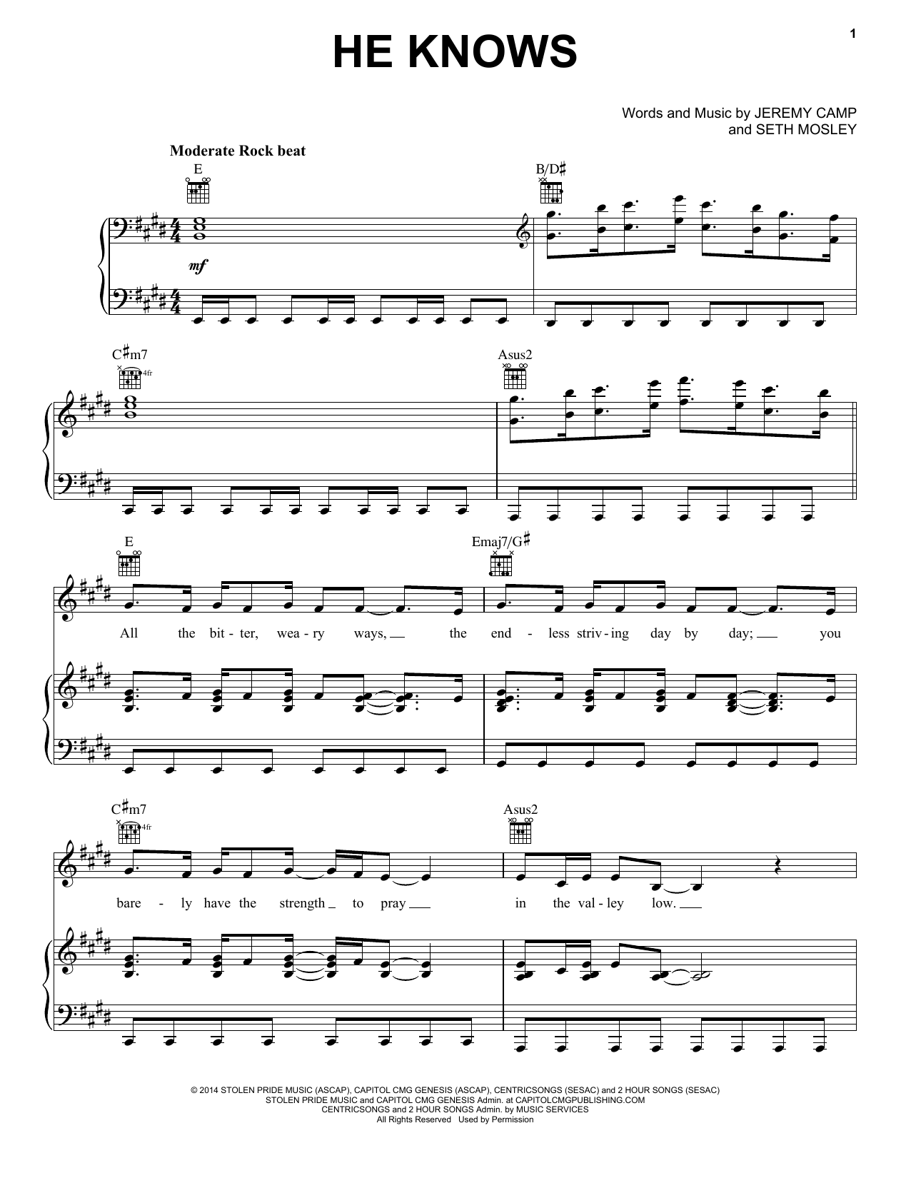 Jeremy Camp He Knows Sheet Music Notes & Chords for Piano, Vocal & Guitar (Right-Hand Melody) - Download or Print PDF