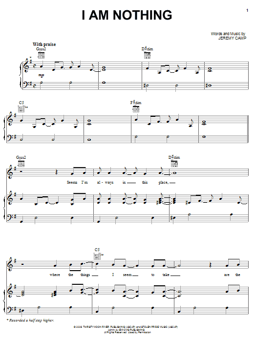Jeremy Camp I Am Nothing Sheet Music Notes & Chords for Piano, Vocal & Guitar (Right-Hand Melody) - Download or Print PDF