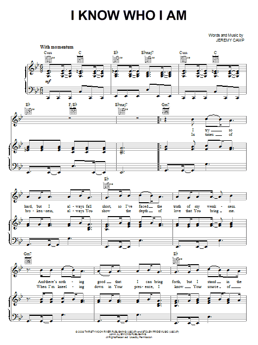 Jeremy Camp I Know Who I Am Sheet Music Notes & Chords for Piano, Vocal & Guitar (Right-Hand Melody) - Download or Print PDF