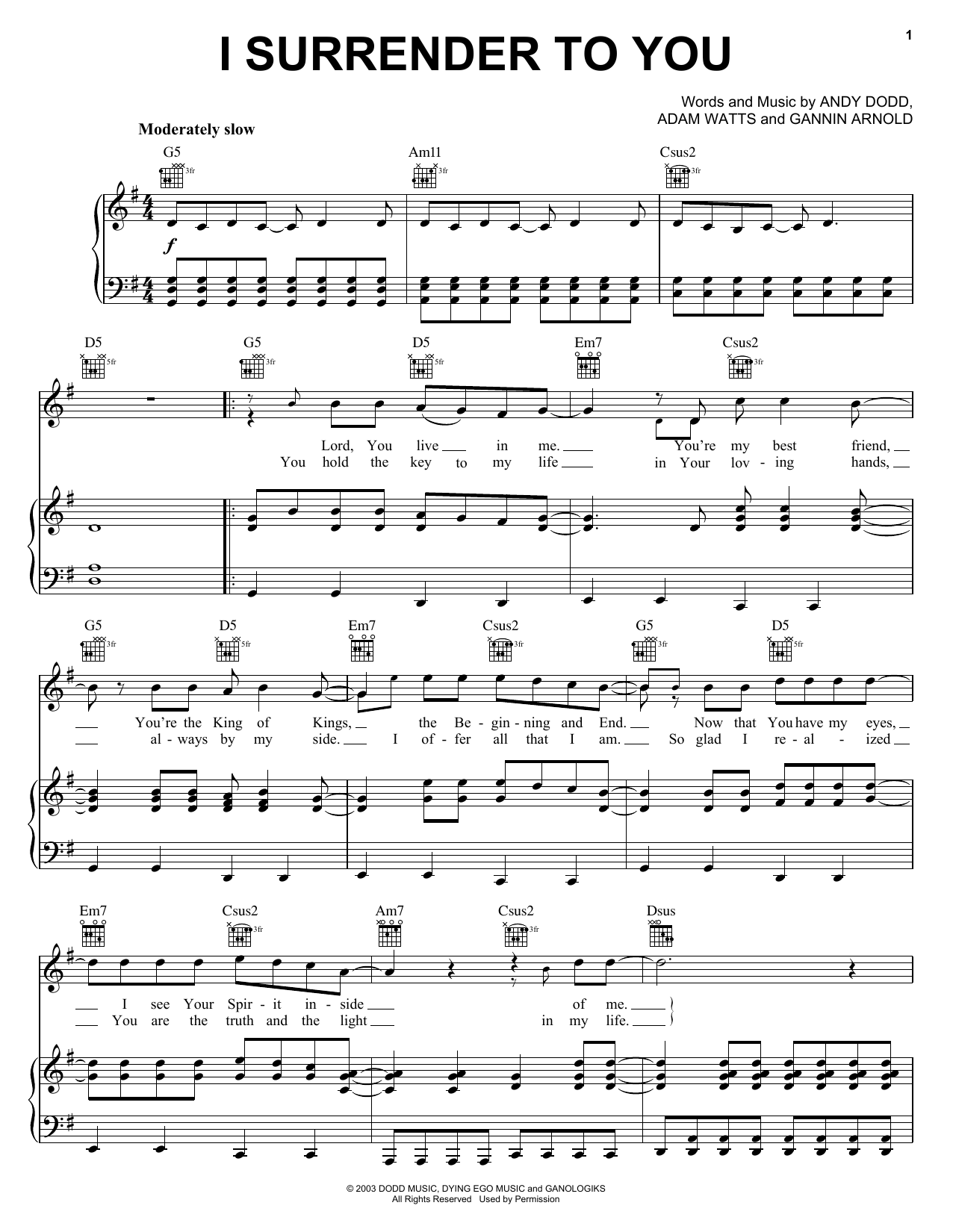Jeremy Camp I Surrender To You Sheet Music Notes & Chords for Piano, Vocal & Guitar (Right-Hand Melody) - Download or Print PDF