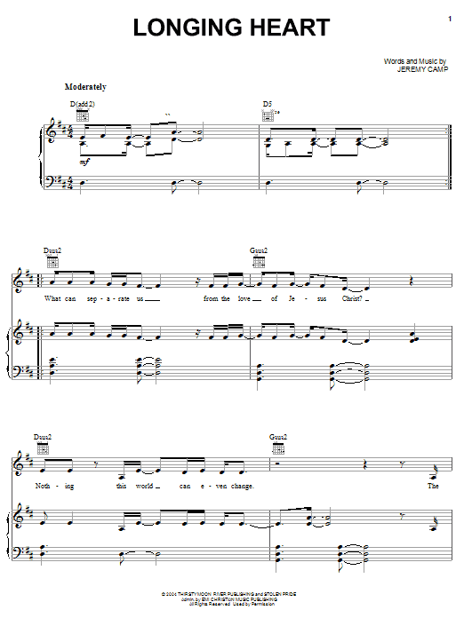 Jeremy Camp Longing Heart Sheet Music Notes & Chords for Piano, Vocal & Guitar (Right-Hand Melody) - Download or Print PDF