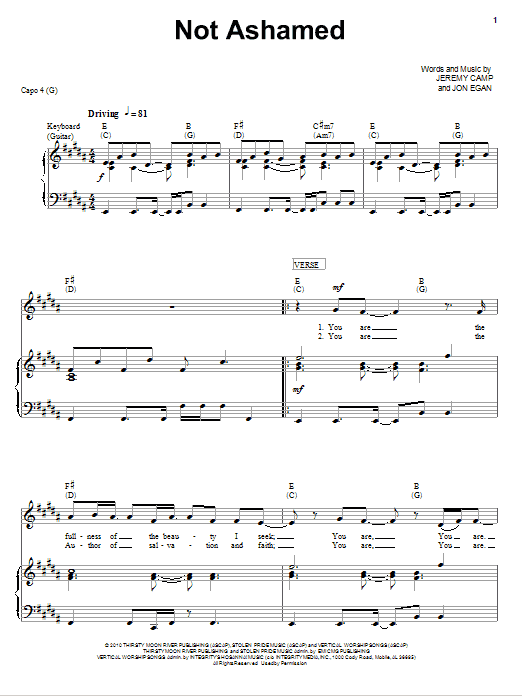 Jeremy Camp Not Ashamed Sheet Music Notes & Chords for Piano, Vocal & Guitar (Right-Hand Melody) - Download or Print PDF Jeremy Camp Not Ashamed Sheet Music Notes & Chords for Piano, Vocal & Guitar (Right-Hand Melody) - Download or Print PDF