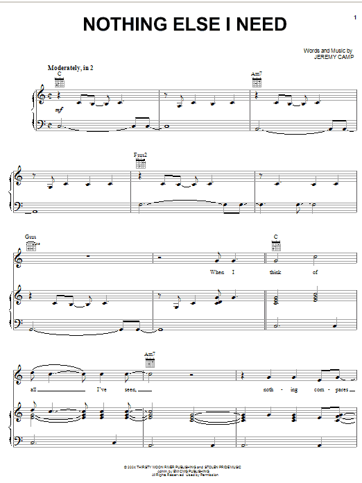 Jeremy Camp Nothing Else I Need Sheet Music Notes & Chords for Piano, Vocal & Guitar (Right-Hand Melody) - Download or Print PDF