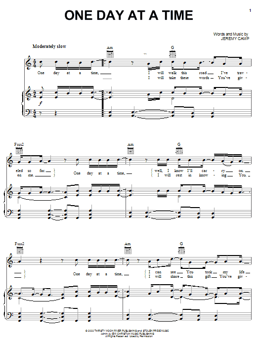 Jeremy Camp One Day At A Time Sheet Music Notes & Chords for Piano, Vocal & Guitar (Right-Hand Melody) - Download or Print PDF Jeremy Camp One Day At A Time Sheet Music Notes & Chords for Piano, Vocal & Guitar (Right-Hand Melody) - Download or Print PDF
