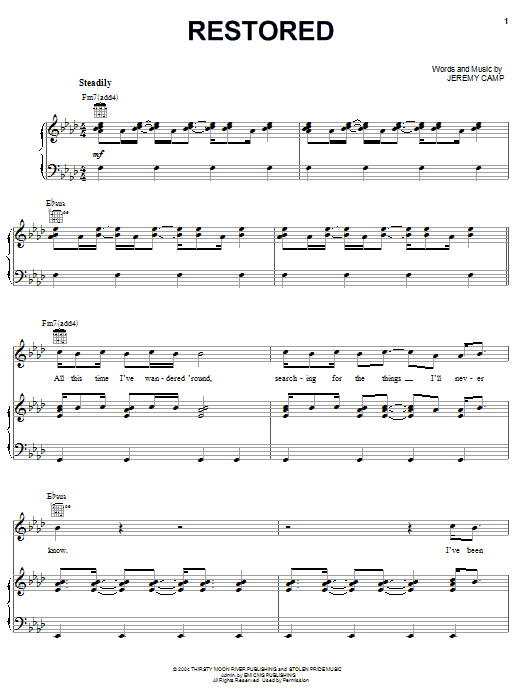 Jeremy Camp Restored Sheet Music Notes & Chords for Piano, Vocal & Guitar (Right-Hand Melody) - Download or Print PDF